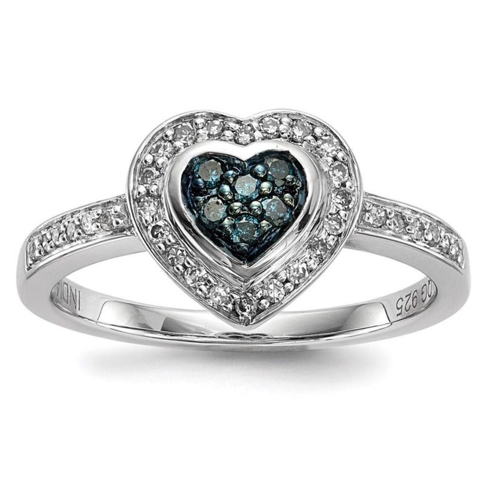 1/4 Ctw Blue & White Diamond Small Heart Ring in Sterling Silver Sz 8